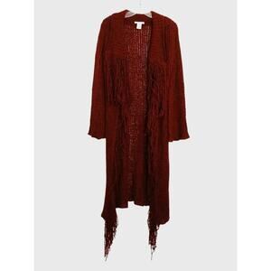 Felicity Long Cardigan Size M Burghandy KNIT Fringed VNTG 90s Bohemian Gypsy
